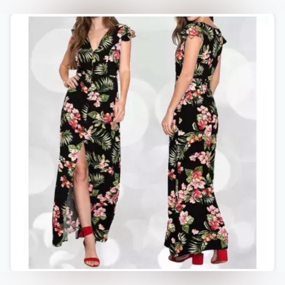 Ambiance Black Maxi Dress Large Front Slit with Hawaiian 🌺 Floral Print